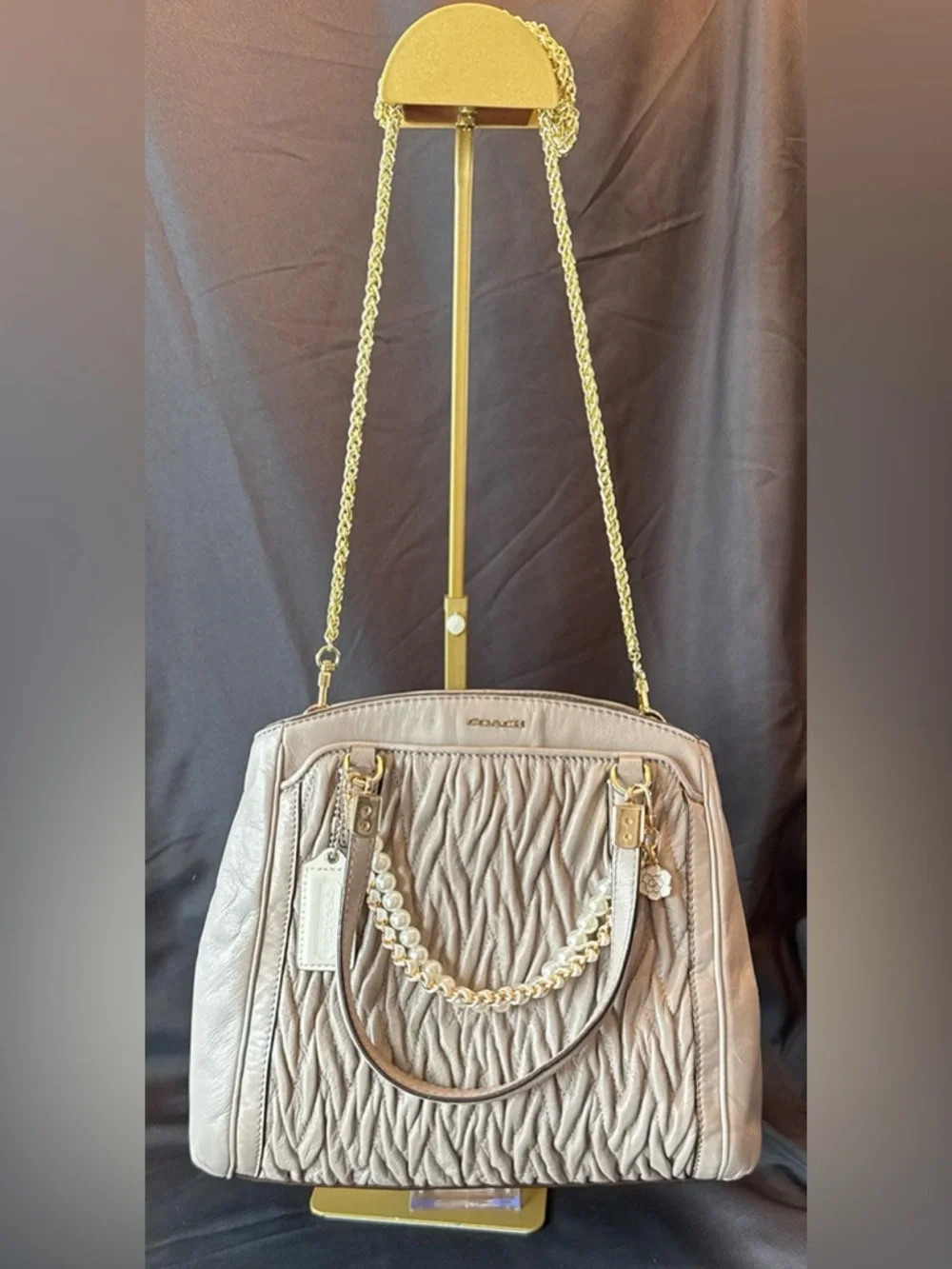 COACH Madison Madeline Taupe Ruched Leather Crossbody Bag with Gold Color Chain - Picture 5 of 12